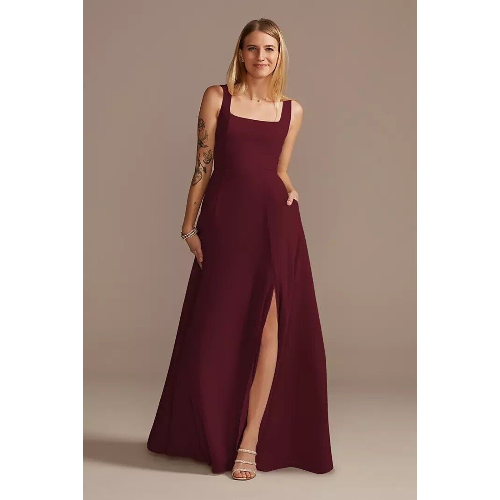 David's Bridal Squared Tank Lace Up Chiffon Bridesmaid Dress, Wine Size 6 F20328